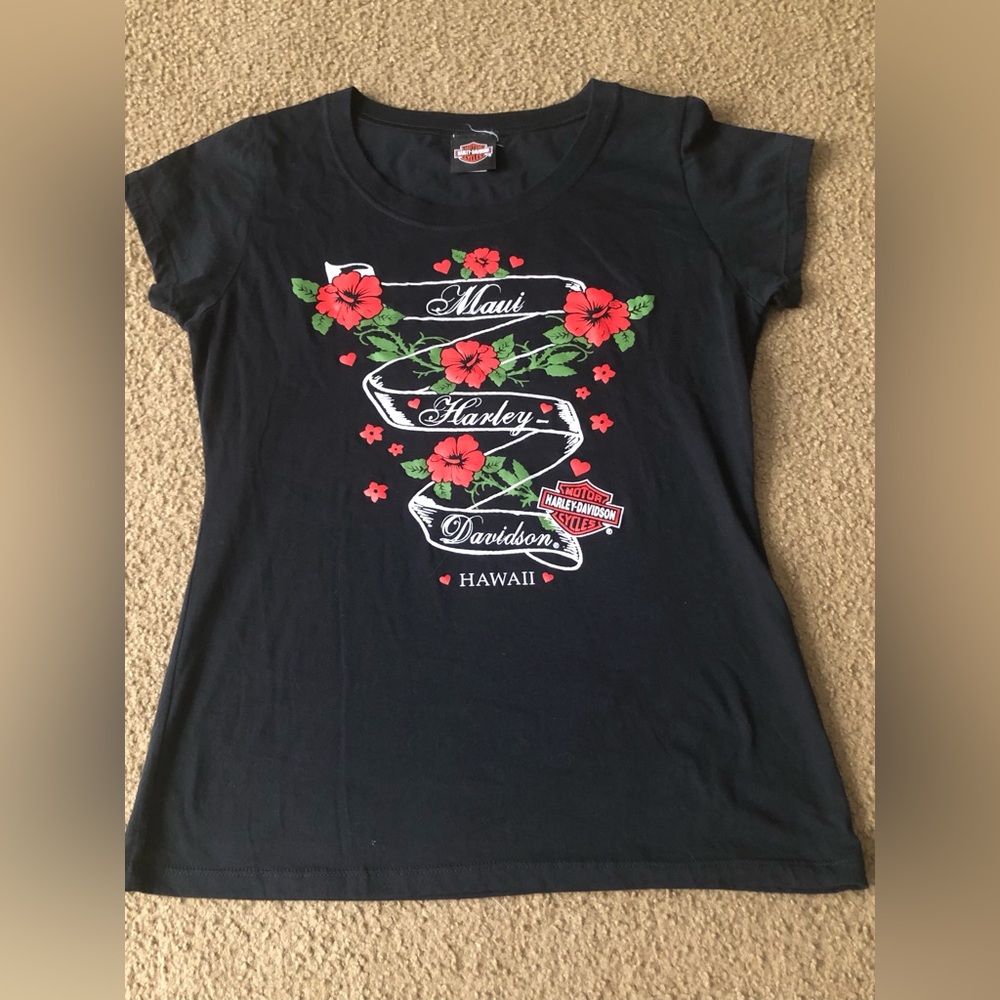 Harley Davidson Maui Hawaii Graphic T-Shirt Womens Xl Black Red Flowers Biker